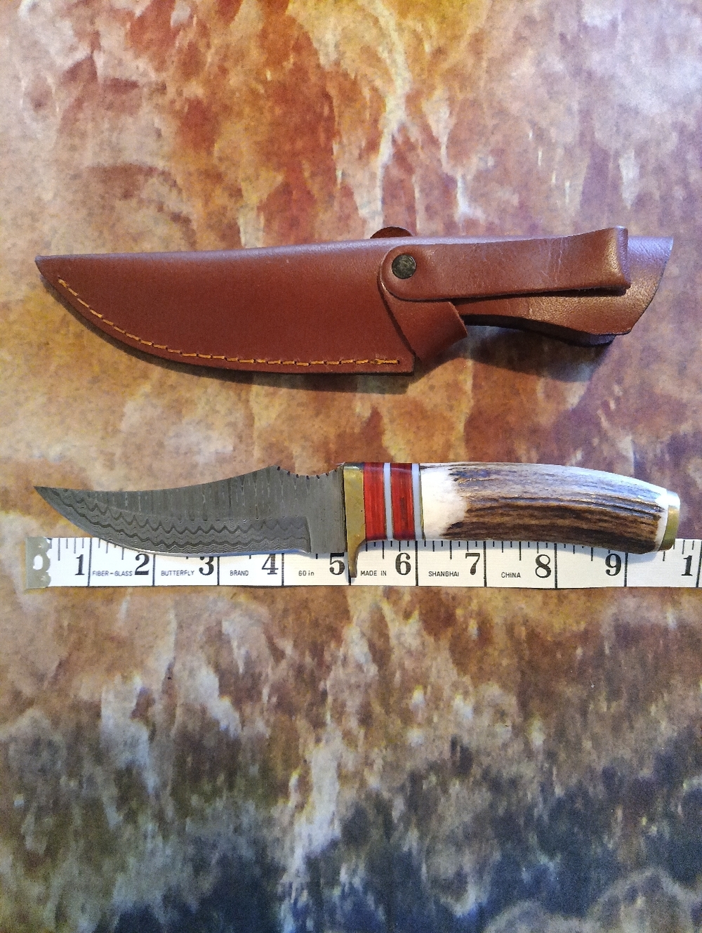 Fixed Blade Knife with Stag Horn Handle and Leather Sheath. Very Unique Pattern.
